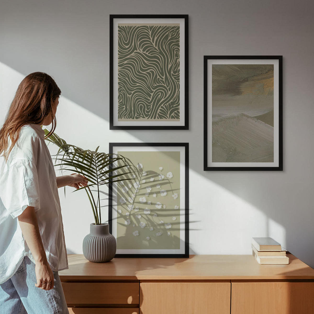 BILDER SET 3er Set - 40x60 cm Schwarzer Rahmen - Abstrakte florale Wellenmuster - Schwarz, Kunststoff (40/60cm) - TULUP