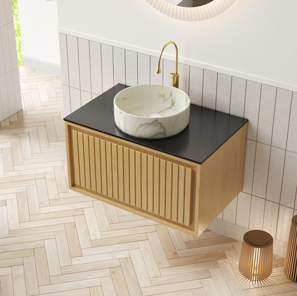 WASCHTISCHKOMBI mit Aufsatzbecken und Soft-Close-Schublade in Eichenoptik - Eichefarben, Keramik (76/53/48cm) - BEAOK