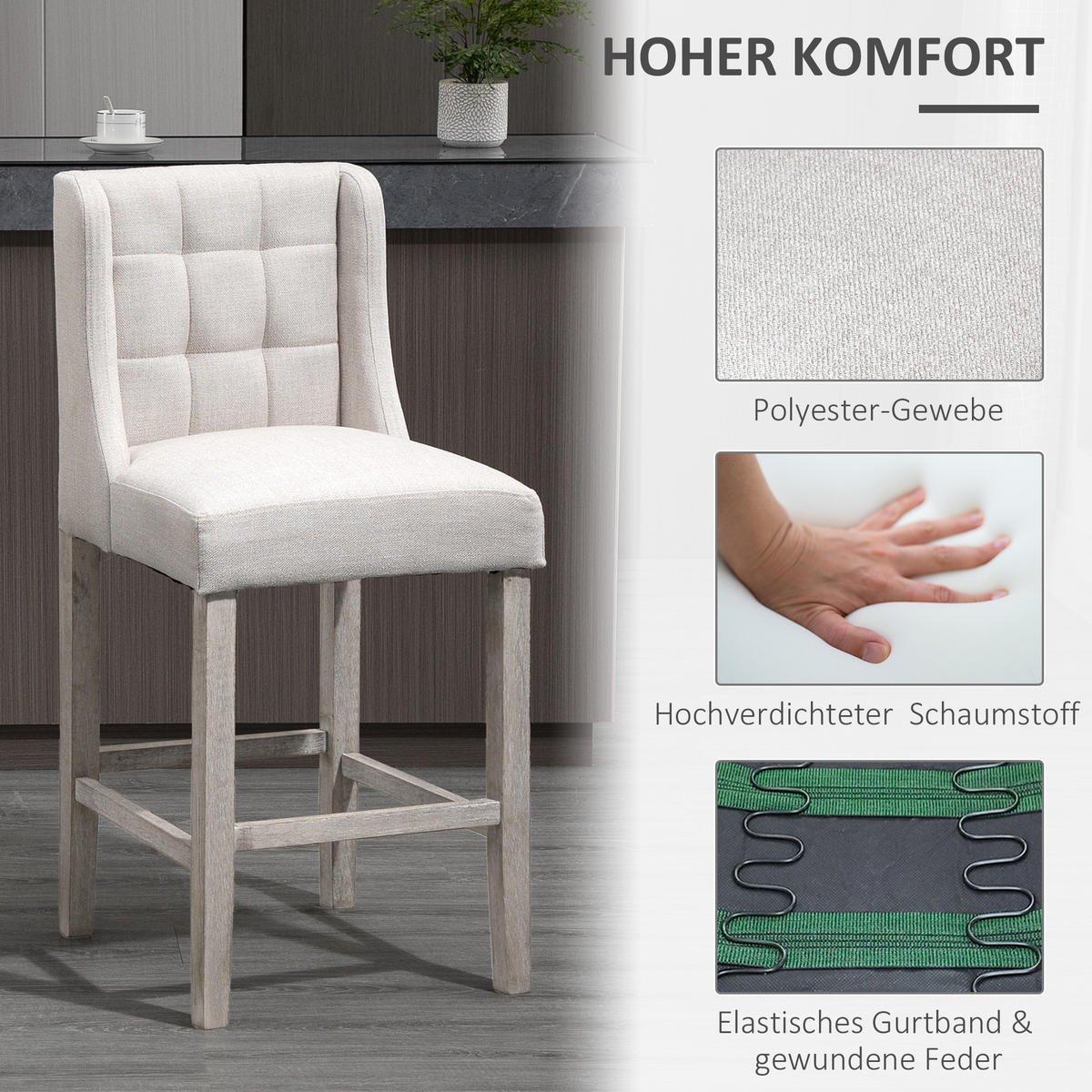 2ER-SET Barhocker moderne Küchenstühle Barstühle für Küche Leinen-Touch Holz - Beige/Weiß, Holz/Kunststoff (50/101/47cm) - HOMCOM