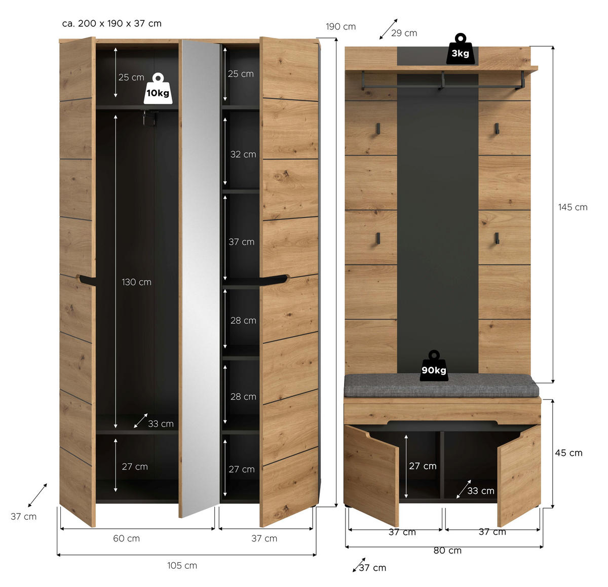 GARDEROBEN-SET Canu Artisan 200/37/190 cm - Grau, Holzwerkstoff (200/190/37cm) - Xonox