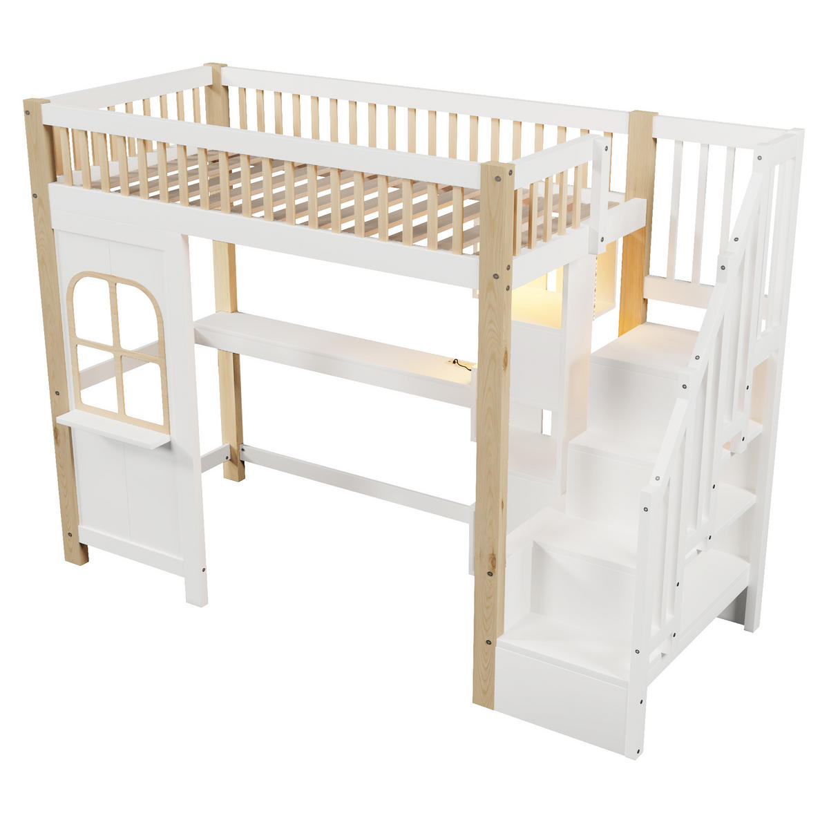 HOCHBETT 90/200 cm Weiß/Natur aus Kiefernholz und MDF mit Schreibtisch - Weiß, Holz (140/200cm) - OKMYHOME