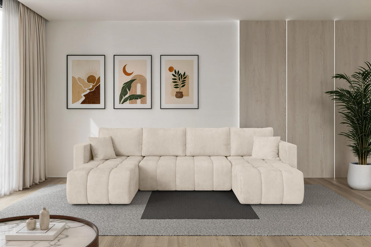 SEDACÍ SOUPRAVA DO U s funkcí spaní a úložným prostorem GARD-U 300x146x85 béžová manšestr - černá/béžová, kompozitní dřevo/textil (300/85/146cm) - ALTDECOR