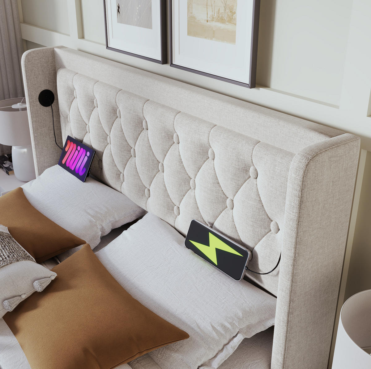POLSTERBETT mit Stauraum, USB & LED 140x200 cm Beige Baumwolle mit Matratze - Beige, Metall (140/200cm) - Meubliv