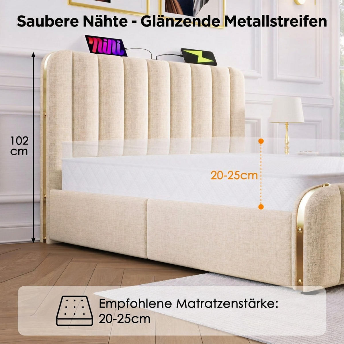 POLSTERBETT 140/200 cm Beige mit 4 Schubladen und USB Typ-C Ladefunktion - Beige, Textil (140/200cm) - Oxeza