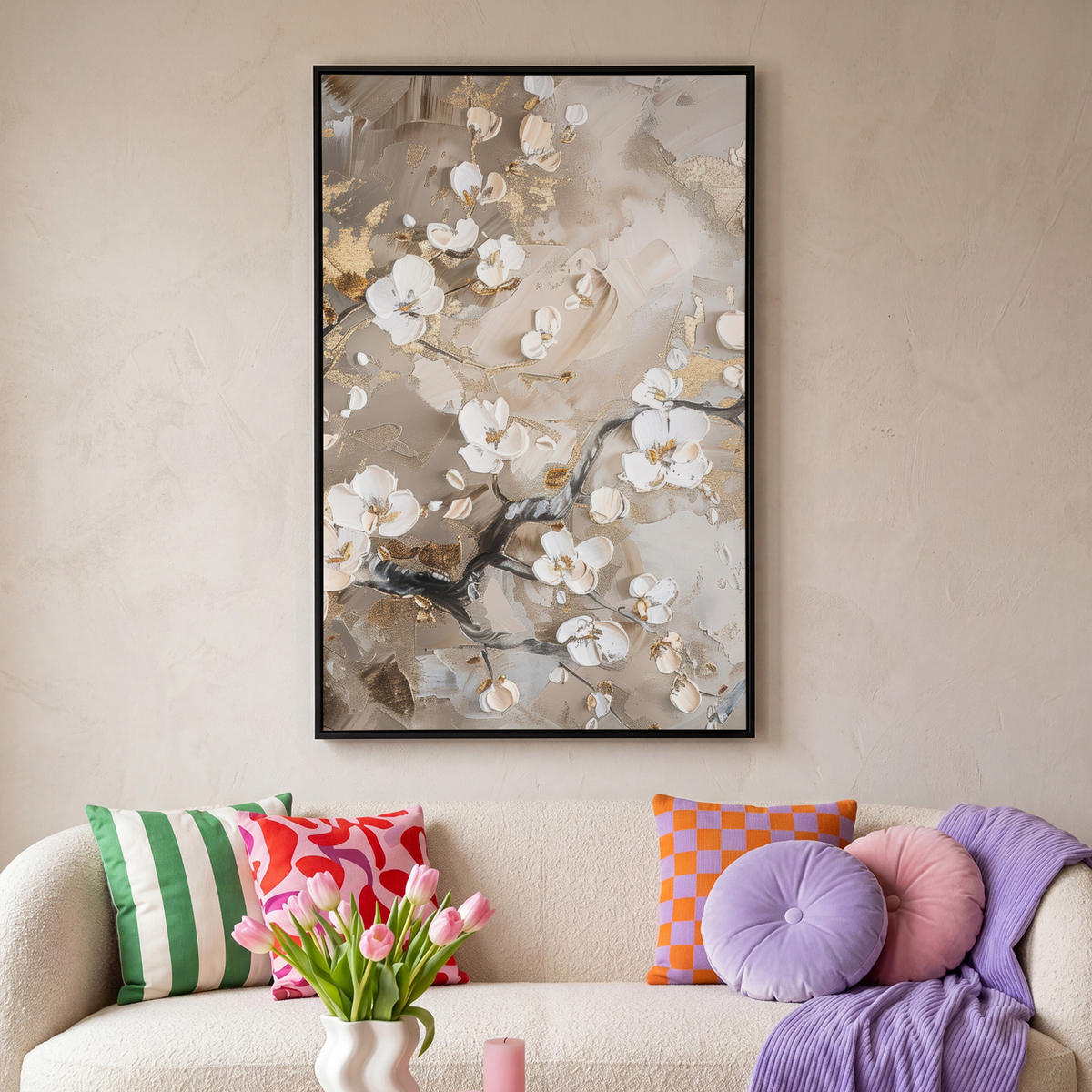 LEINWAND Bilder mit Rahmen - Blumen - Weiß - Gold - Beige - Luxus - 100x150 - Greige, Textil (100/150cm) - MuchoWow