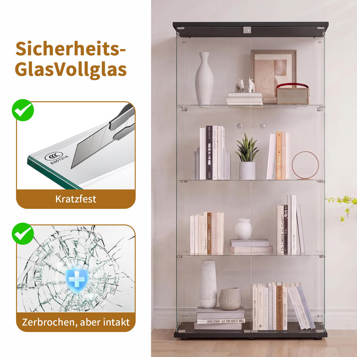 GLASVITRINE Schwarz mit 2 Tür 4 Etagen mit Schloss - Schwarz, Glas (36.32/164.34/80.52cm) - BPKADHY