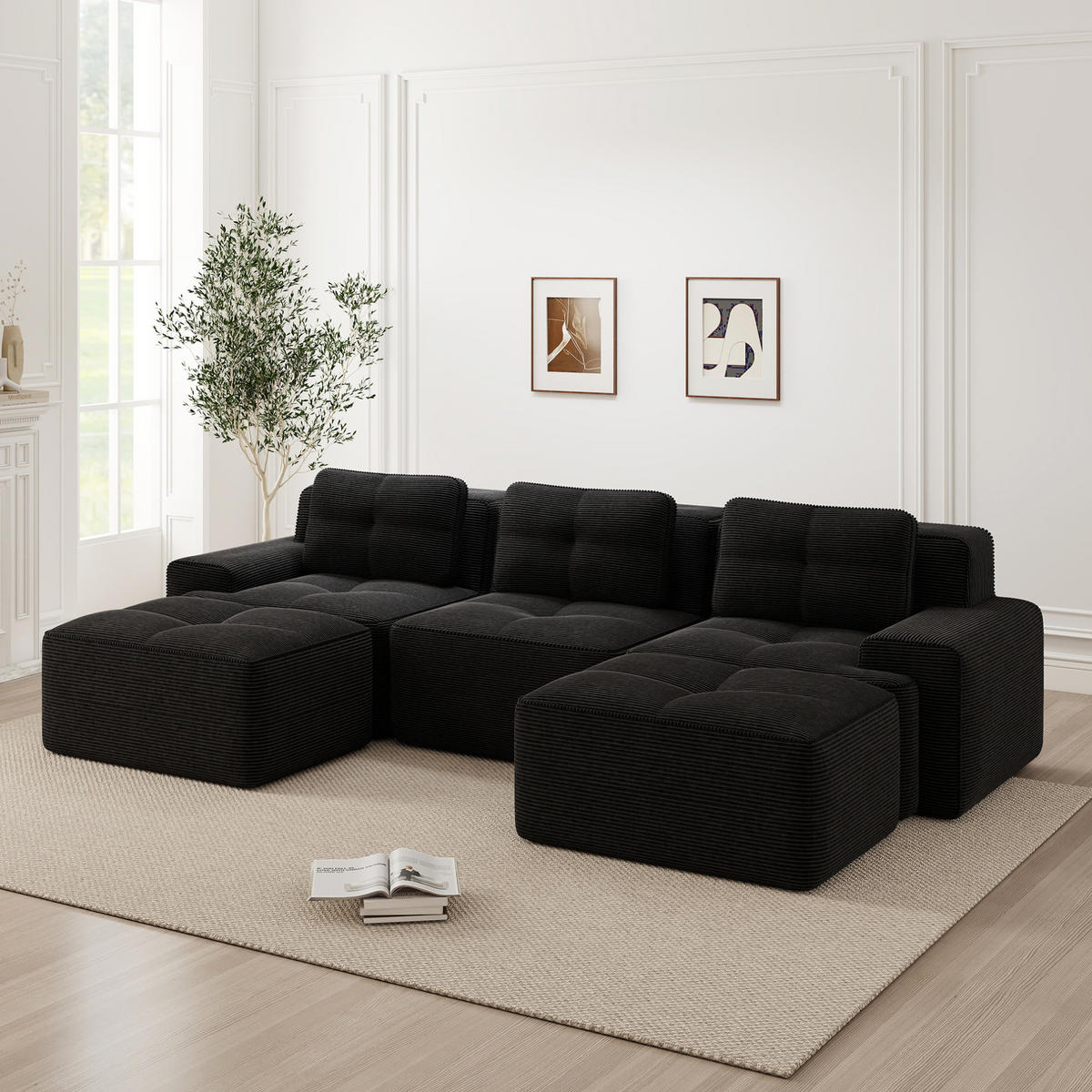 ECKSOFA 293/104/69 cm schwarz aus Cord mit Tiefsitz und montagefrei - Schwarz, Textil (177/293cm) - OKWISH