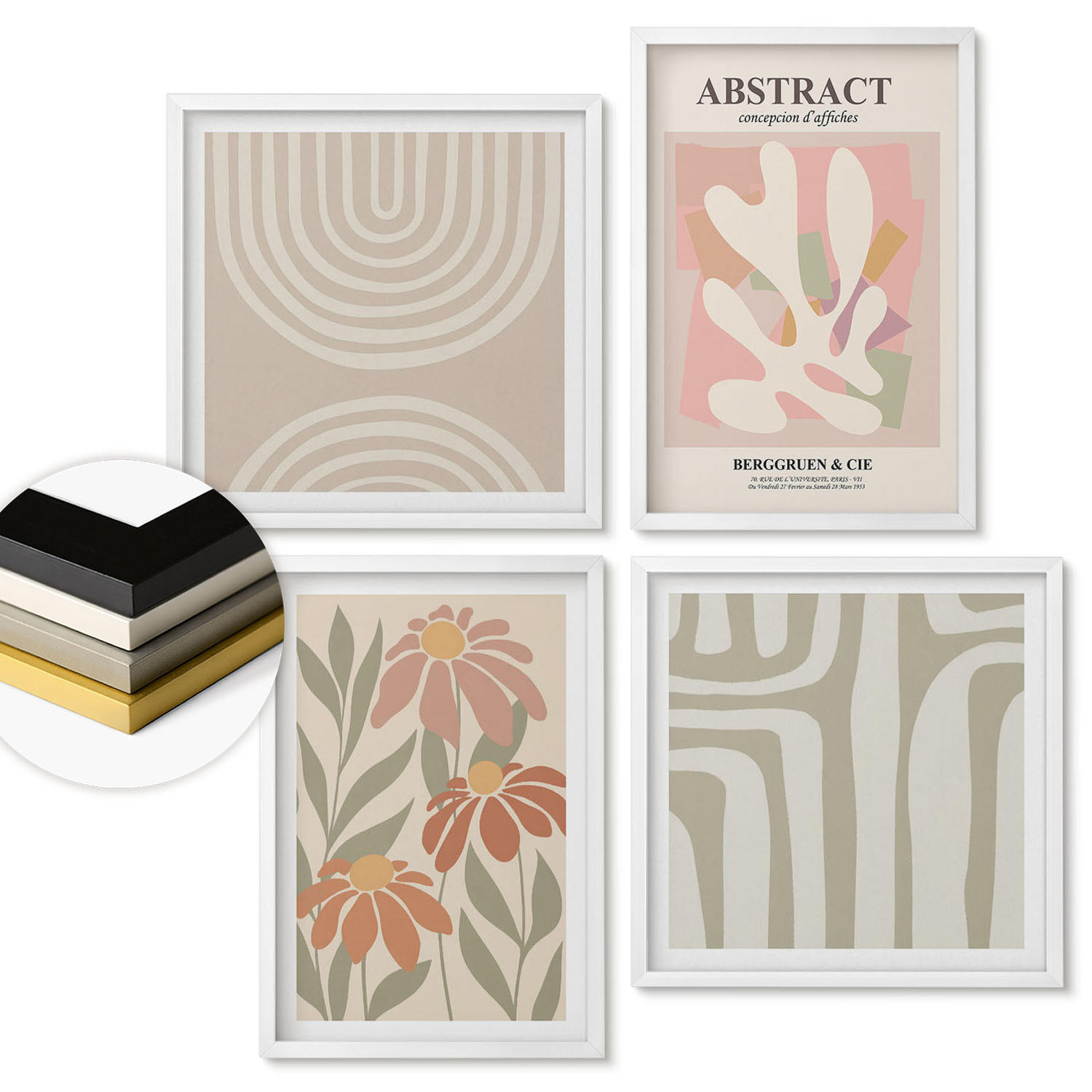 WANDBILDER 4er-Set - 50x50 cm & 40x60 cm Weißer Rahmen - Abstrakte Pflanzenformen - Weiß, Kunststoff (50/50cm) - ArtPrintCave