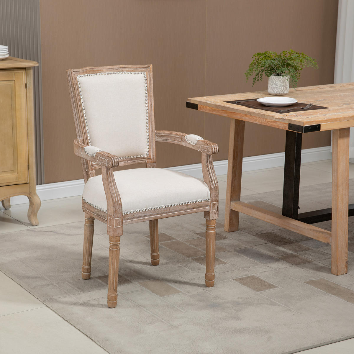 ESSZIMMERSTUHL Küchenstuhl mit Armlehne im Vintage Design Leinen Optik - Creme, Holz (63.5/96/59cm) - HOMCOM