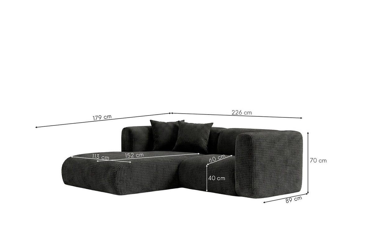 ECKSOFA L-Form mini, Chenille-Stoff Cremona, Anthrazit, Links, GRETA - Anthrazit, Holz (226/179cm) - Kaiser Möbel