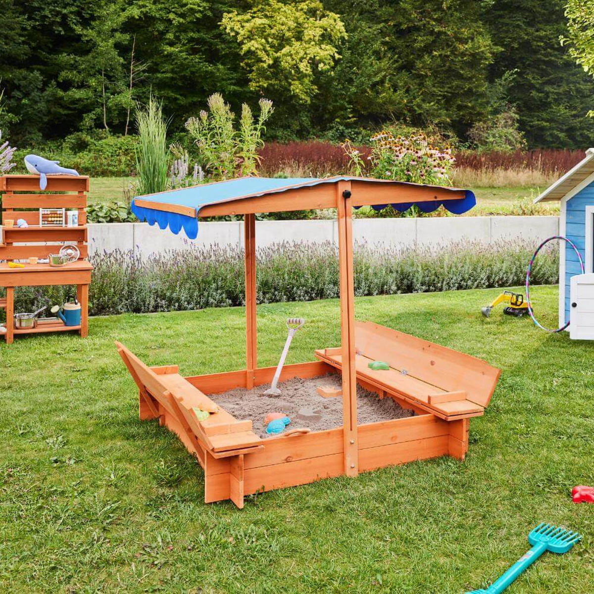 SANDKASTEN mit Sonnensegel BUDDELKISTE - 110 x 110 cm - Blau/Naturfarben, Holz (110/110/110cm) - Home Deluxe