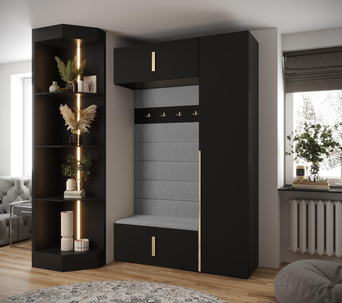 GARDEROBEN-SET 236,7/150/47 - Goldfarben/Schwarz, Holz/Kunststoff (150/236.7/47cm) - Abiks Möbel