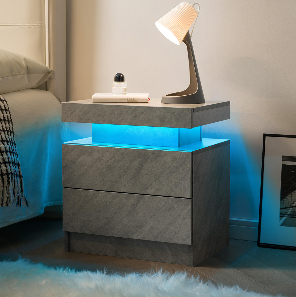 NACHTTISCH aus Holzwerkstoff 50x53x36 cm Dunkelgrau mit LED-Beleuchtung, 2 Schubladen und offenem Fach - Dunkelgrau, Holzwerkstoff (50/36/53cm) - Modfu