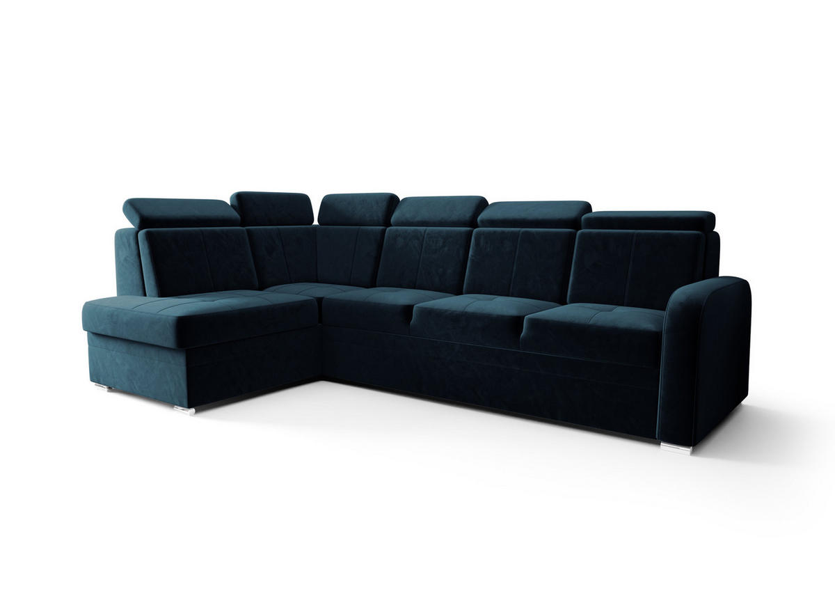 ECKSOFA KONGO RBN11, Eckcouch in L-Form mit Schlaffunktion, Farbe: Blau, Velourstoff, Ottomane Links - Blau, Textil (304/180cm) - O-Sofa
