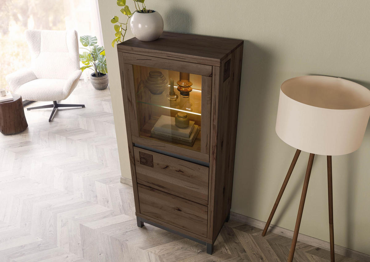 VITRINE Kernbuche 65x40x148 tabacco braun geölt VILLANDERS #204 - Braun, Holz (65/148/40cm) - Massivmoebel24