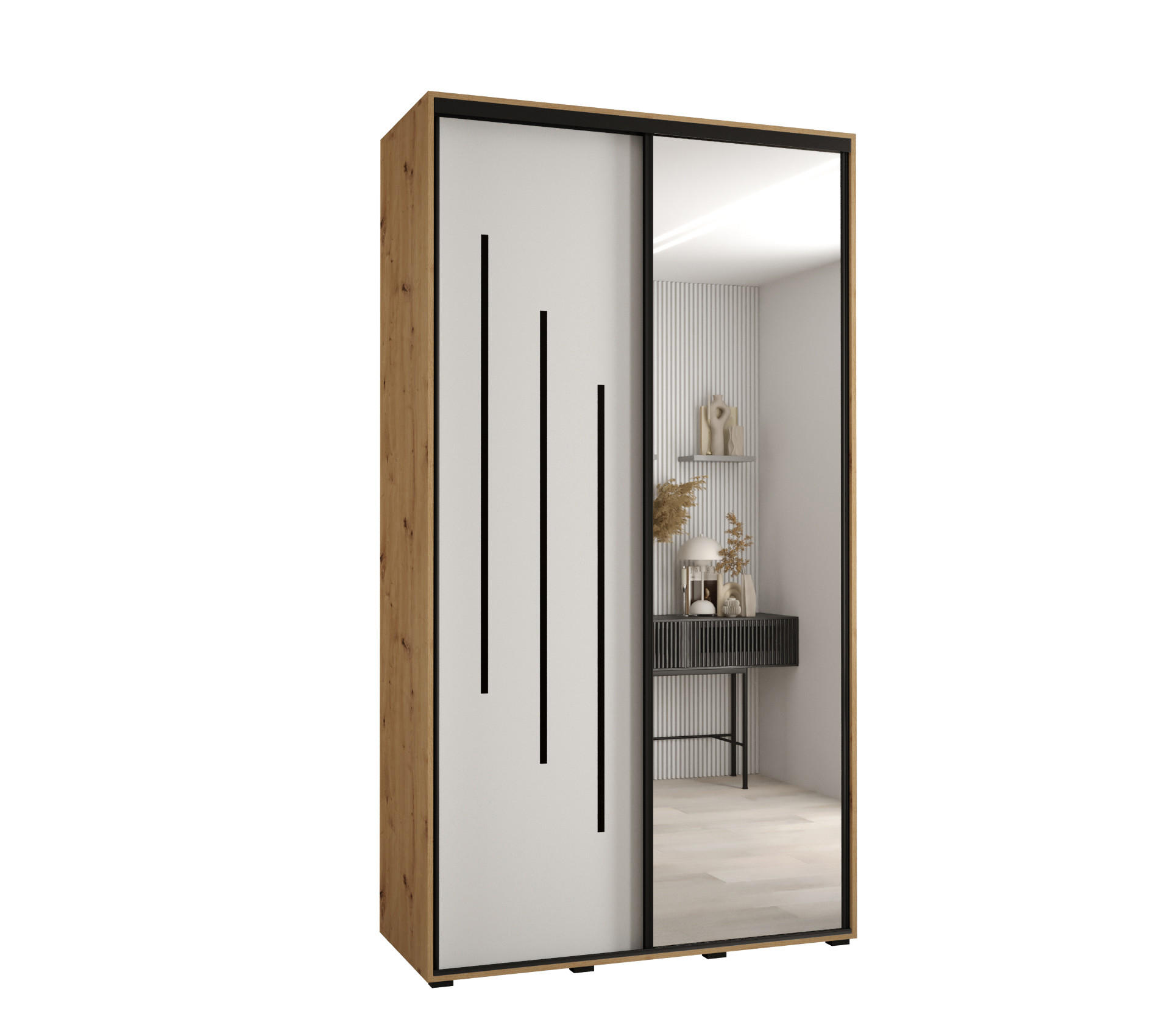 Abiks Möbel Schwebetürenschrank Eiche Artisan, Weiß, Schwarz 130x235x60 cm
