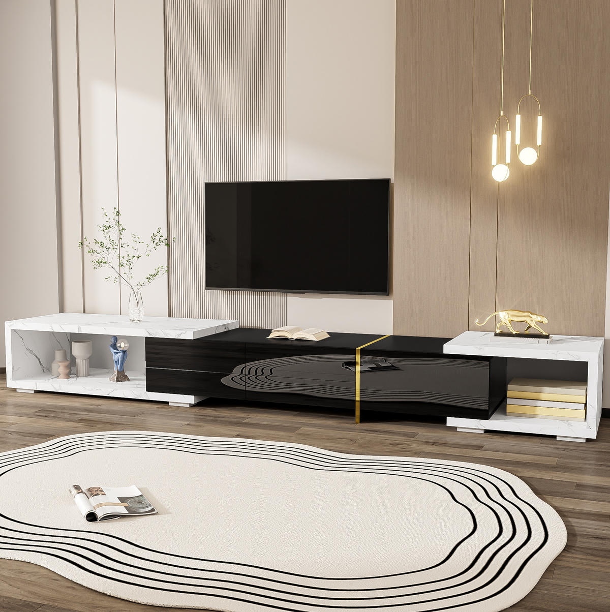 LOWBOARD 140/260 cm Schwarz/Weiß in Marmoroptik aus MDF und Spanplatte drehbar - Schwarz, Holzwerkstoff (40/30/260cm) - OKMYHOME