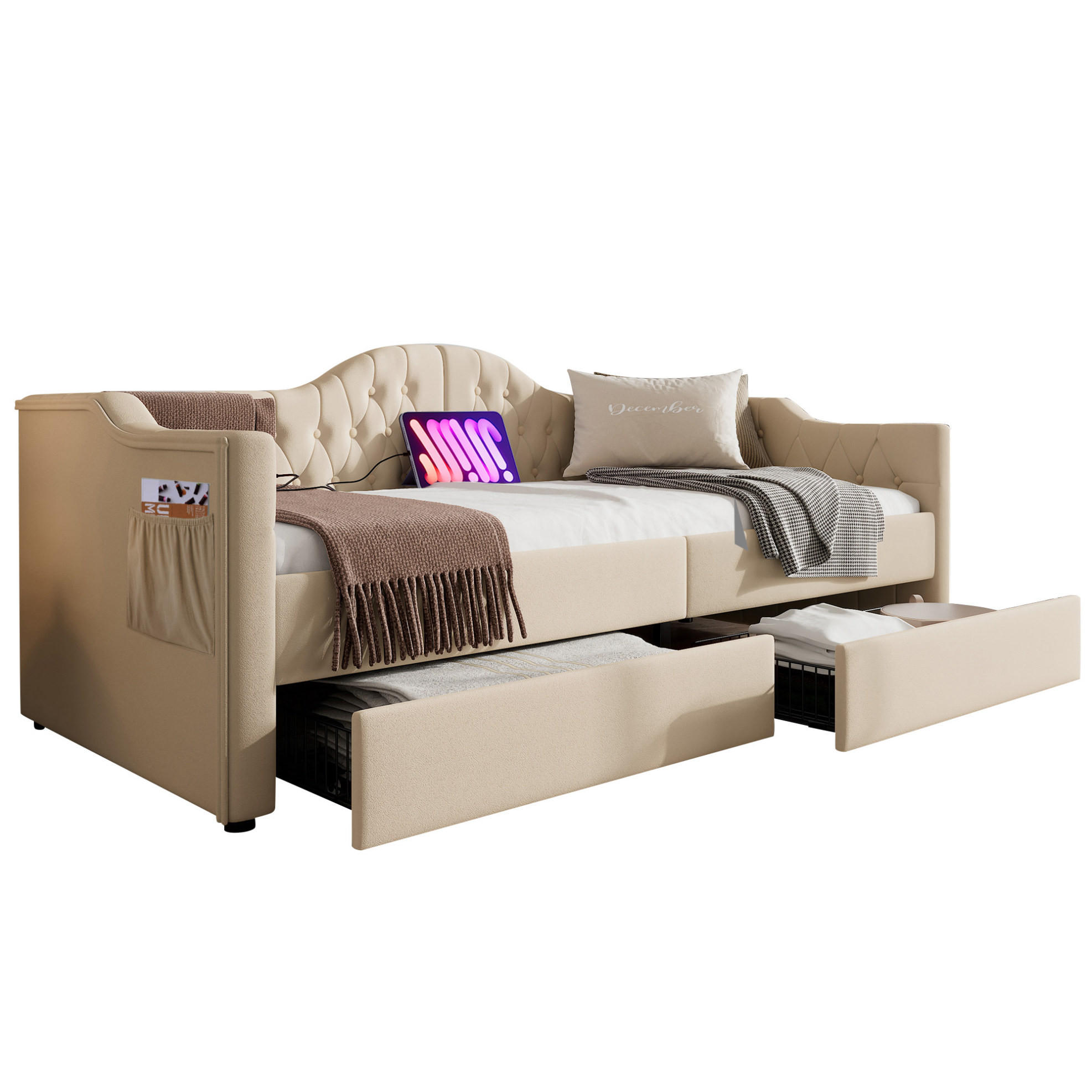 OBLAZINJENA postelja 90/200 cm z USB in priključkom Type-C, 2 predaloma in stranskimi žepi, Bež - bež, tekstil (90/200cm) - Redom