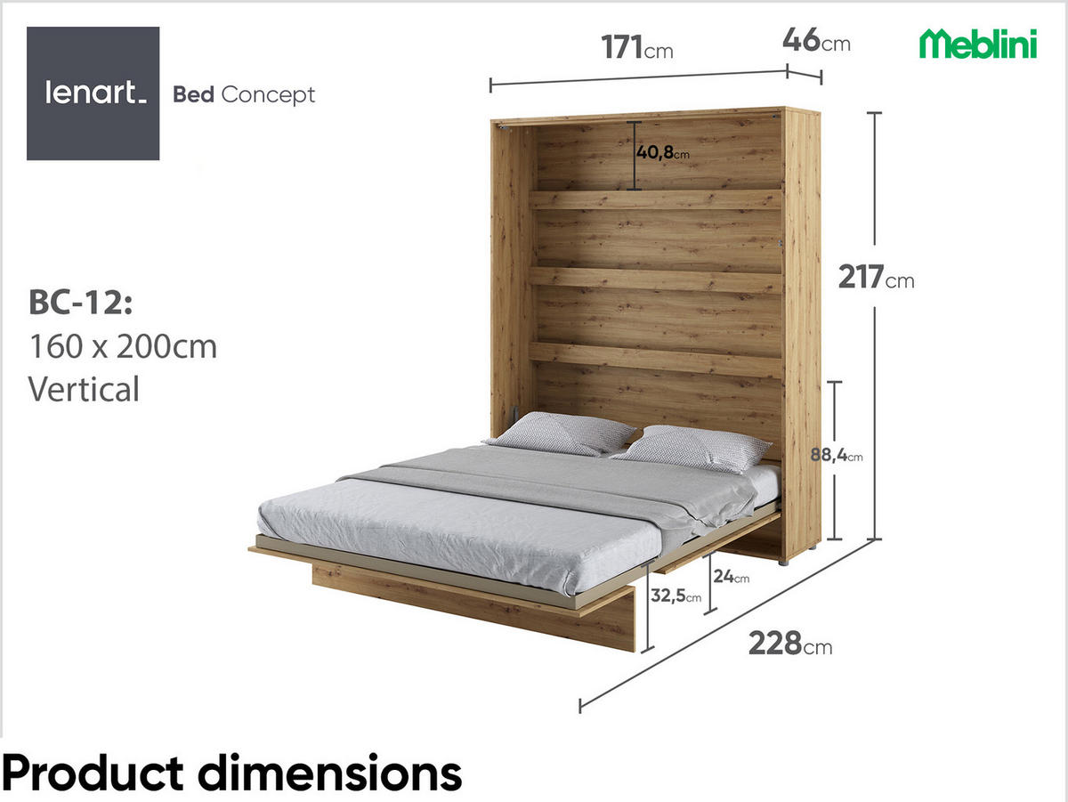 SCHRANKBETT BC-12 - 160x200cm Vertikal - Artisan Eiche - Eiche Artisan, Holzwerkstoff (160/200cm) - Meblini