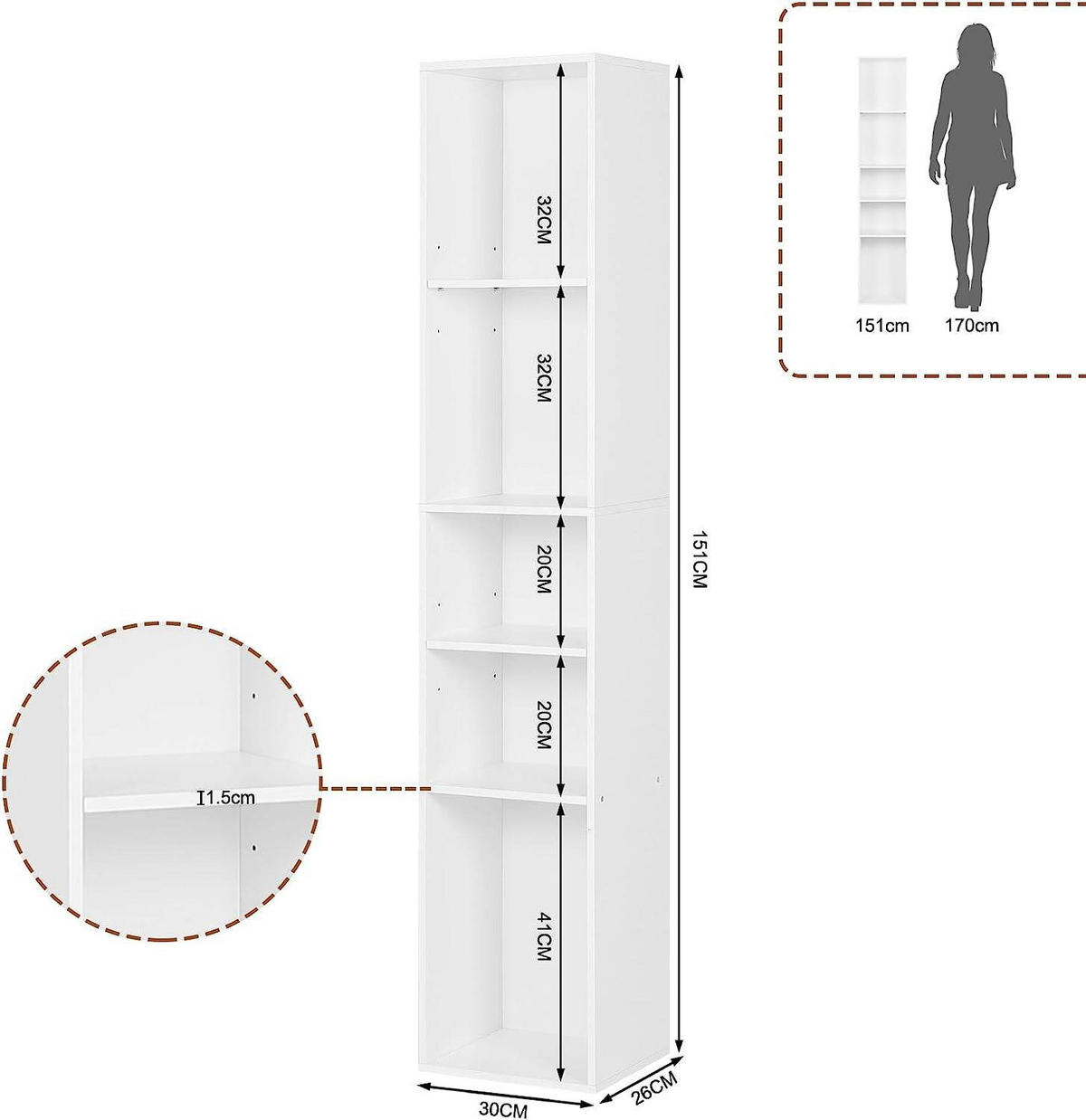 BÜCHERREGAL, offenes Regal mit 5 Würfeln, Weiß - Weiß, Holzwerkstoff (30/151/26cm) - Woltu