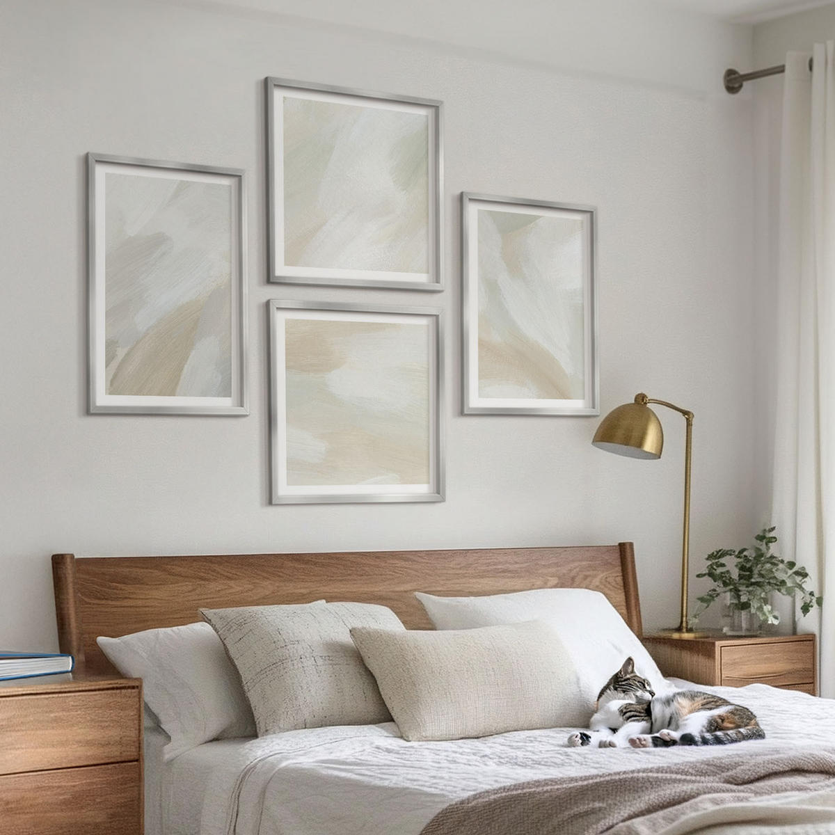 BILDER SET 4er Set - 50x50 cm & 40x60 cm Silberner Rahmen - Abstrakte Pinselmalerei auf Leinwand - Silberfarben, Kunststoff (50/50cm) - TULUP