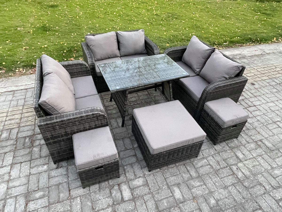 GARTENMÖBELSET mit ESSTISCH,SOFA Polyrattan 9-Sitzer - Dunkelgrau/Grau, Glas/Kunststoff - Fimous