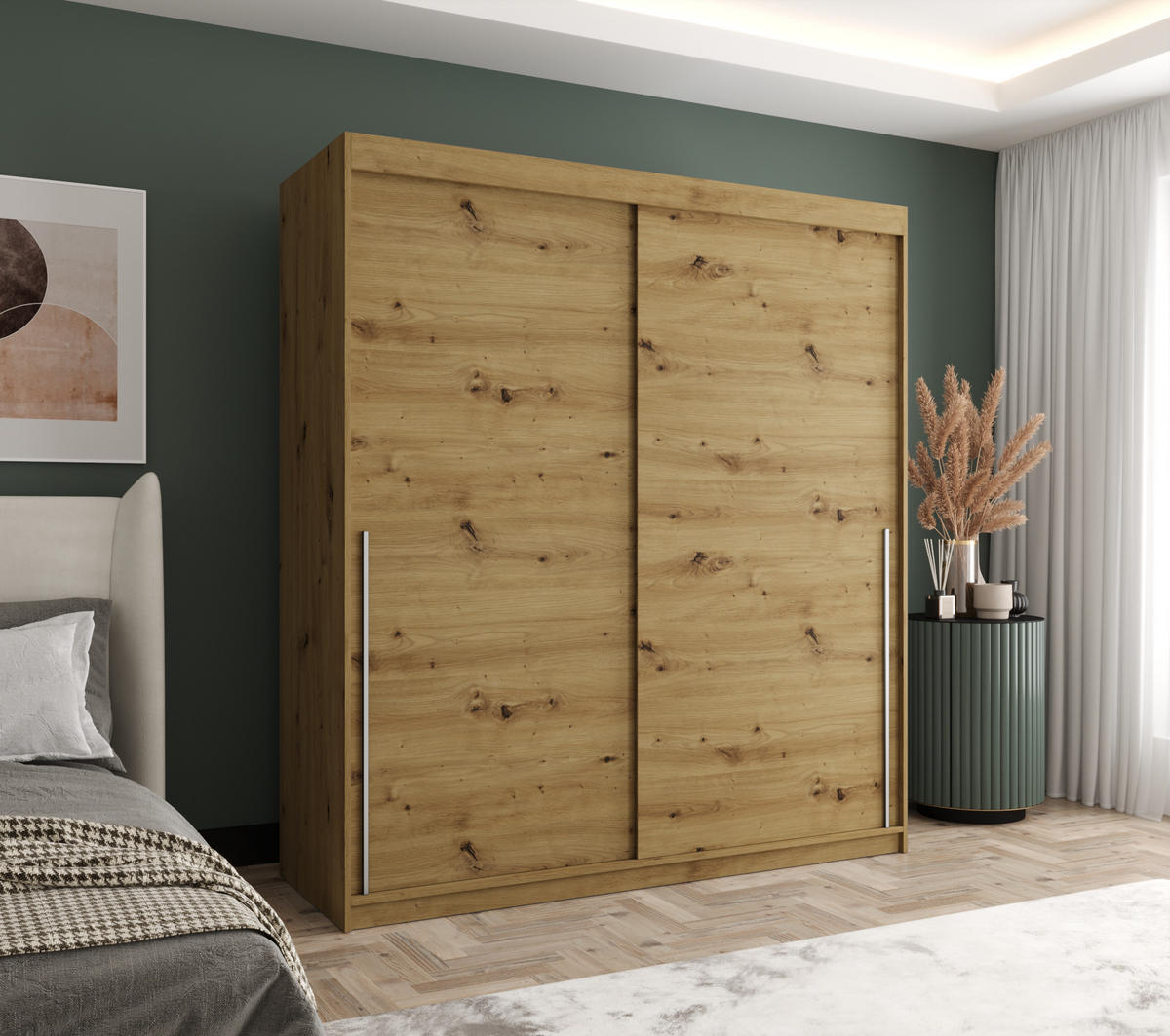 SCHIEBETÜRENSCHRANK 180 cm Breite Artisan mit silbernem Griff - Silberfarben/Eiche Artisan, Holzwerkstoff (180/200/62cm) - Home Collective