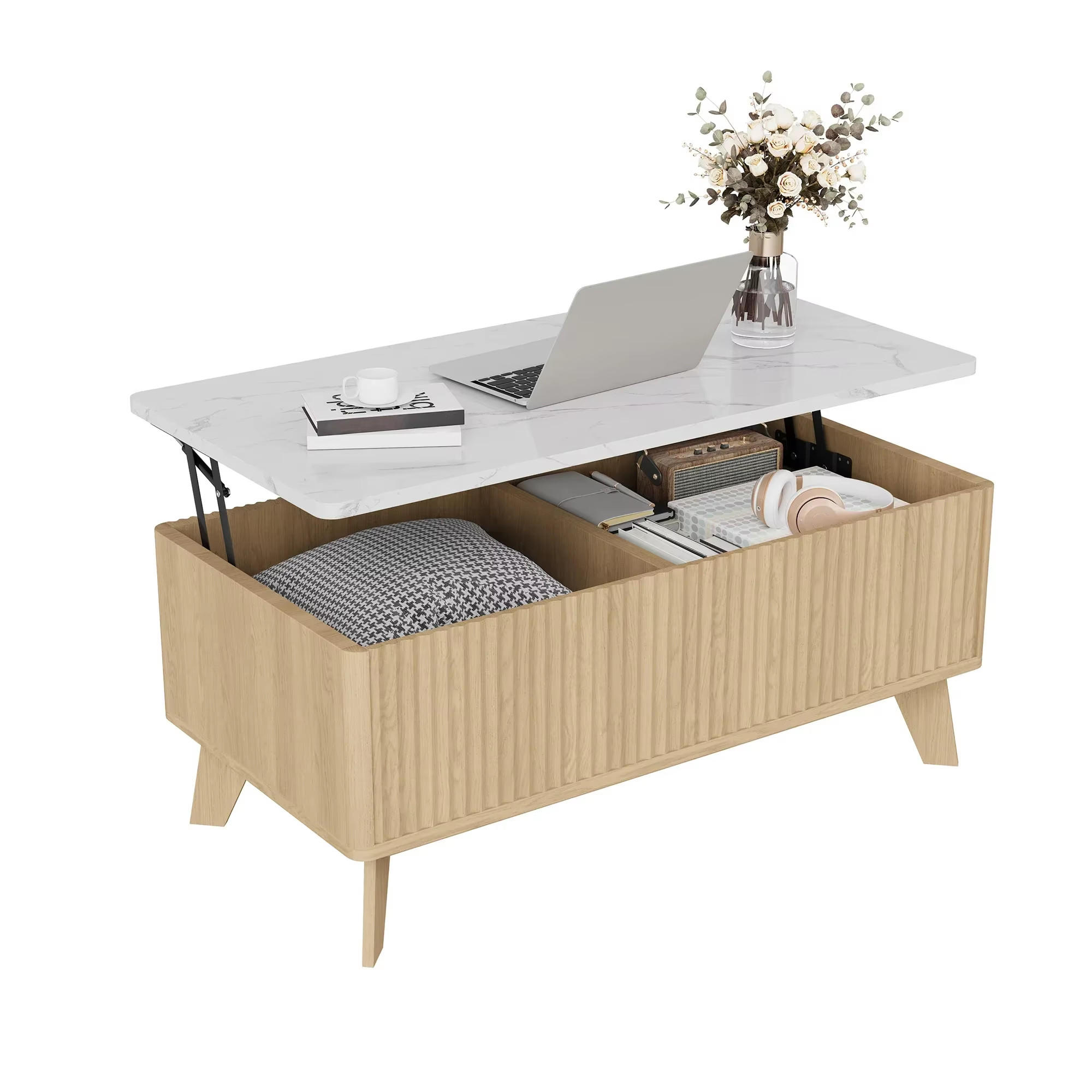 COUCHTISCH 105x42x53 Lift-Top Marmoroptik Eiche Stauraum - Eichefarben, Holz (105/53/42cm) - Kaket