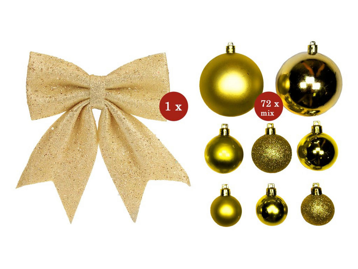 WEIHNACHTSBAUMSCHMUCK-SET GOLDWEIHNACHTEN 73-teilig, für Weihnachtsbäume 120–210 cm, inkl. Aufbewahrungsbox - Champagner/Goldfarben, Kunststoff/Textil (55/50/75cm) - LAALU