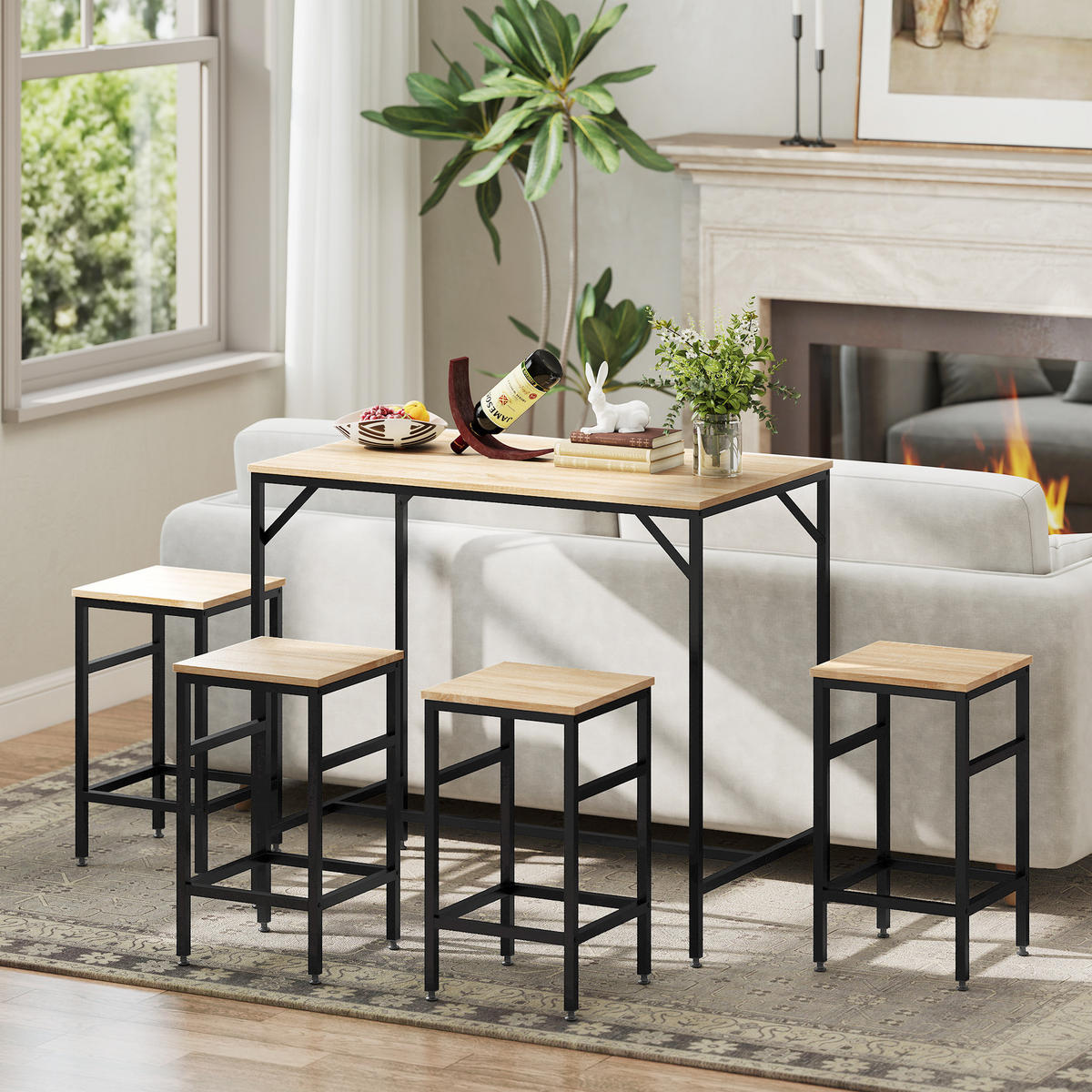 BARTISCH-SET Stehtisch mit 4 Barhockern 5-teiliges Tischset Stahl Eiche - Eichefarben, Kunststoff (60/88/100cm) - HOMCOM