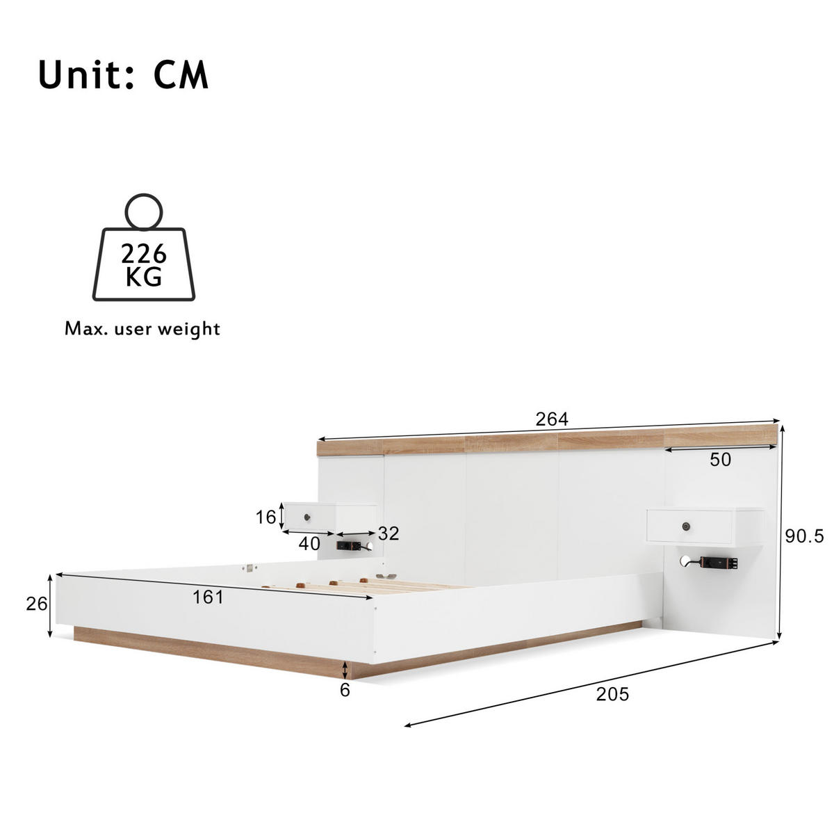BETT 160/200 cm mit 2 LED-Nachtkommoden, USB/Typ-C und Steckdose, Schwebeoptik, Weiß/Sonoma-Eiche - Weiß, Holzwerkstoff (160/200cm) - Redom