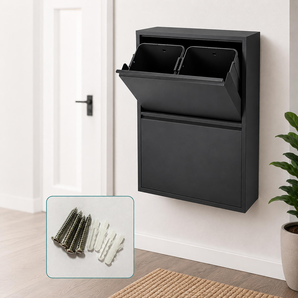 MÜLLEIMER Schwarz 4-Fächer Metall kippbar 4x18 l - Schwarz, Kunststoff/Metall (60/93/25cm) - Relaxdays