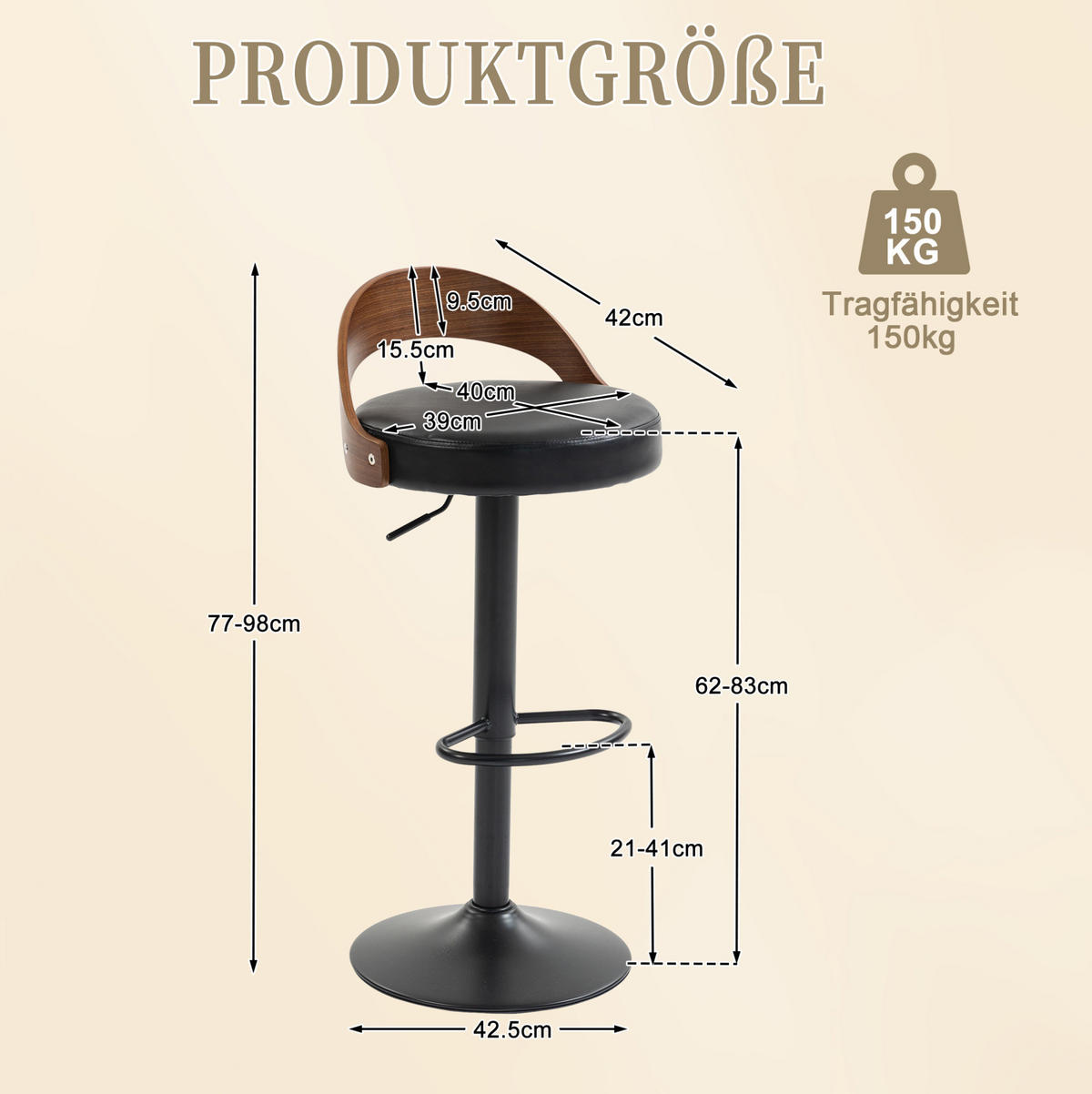 BARHOCKER 2er-Set drehbar höhenverstellbar PU Schwarz Walnussoptik - Schwarz, Metall (42/77/42.5cm) - Meubliv