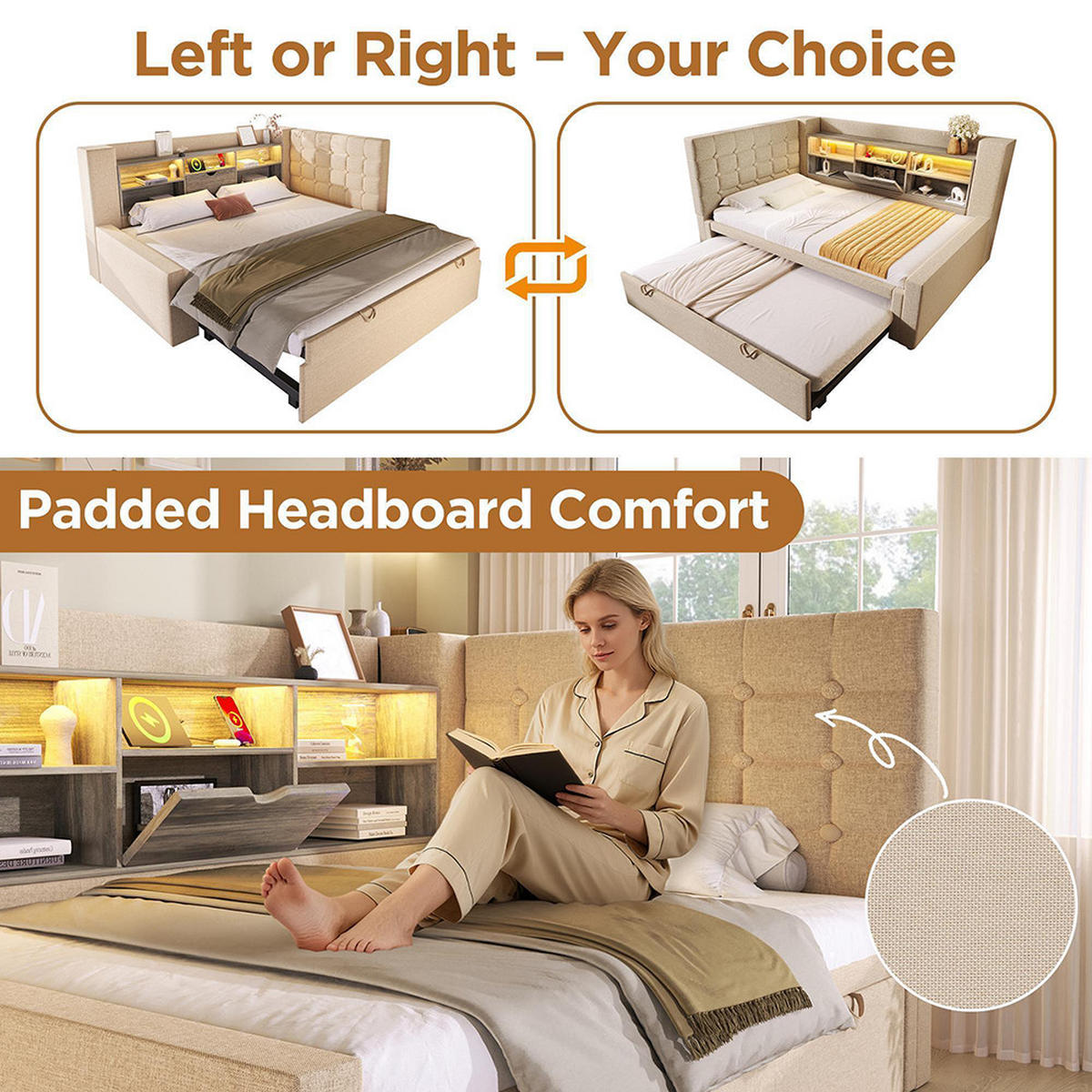 POLSTERBETT 90x200 cm mit Ausziehbett in Beige - Beige, Textil (90/200cm)