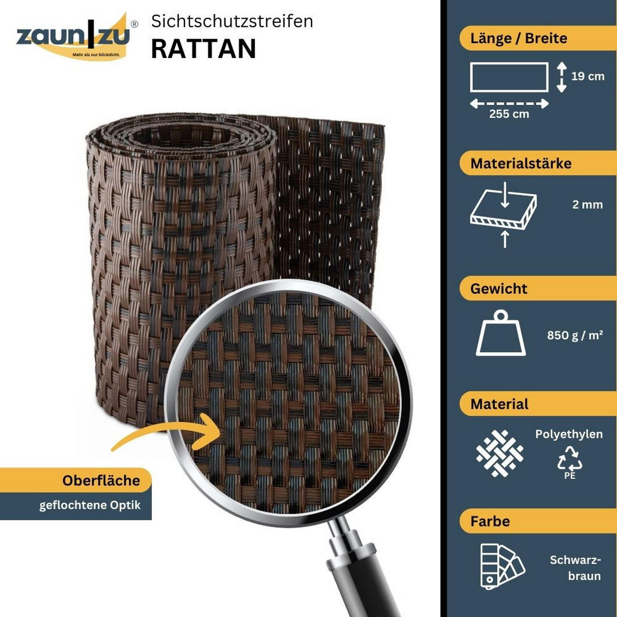 SICHTSCHUTZSTREIFEN Rattan Einzelstreifen für Doppelstabmatten Schwarzbraun 2,55m - Schwarz, Kunststoff (255/19cm) - ZAUN|ZU