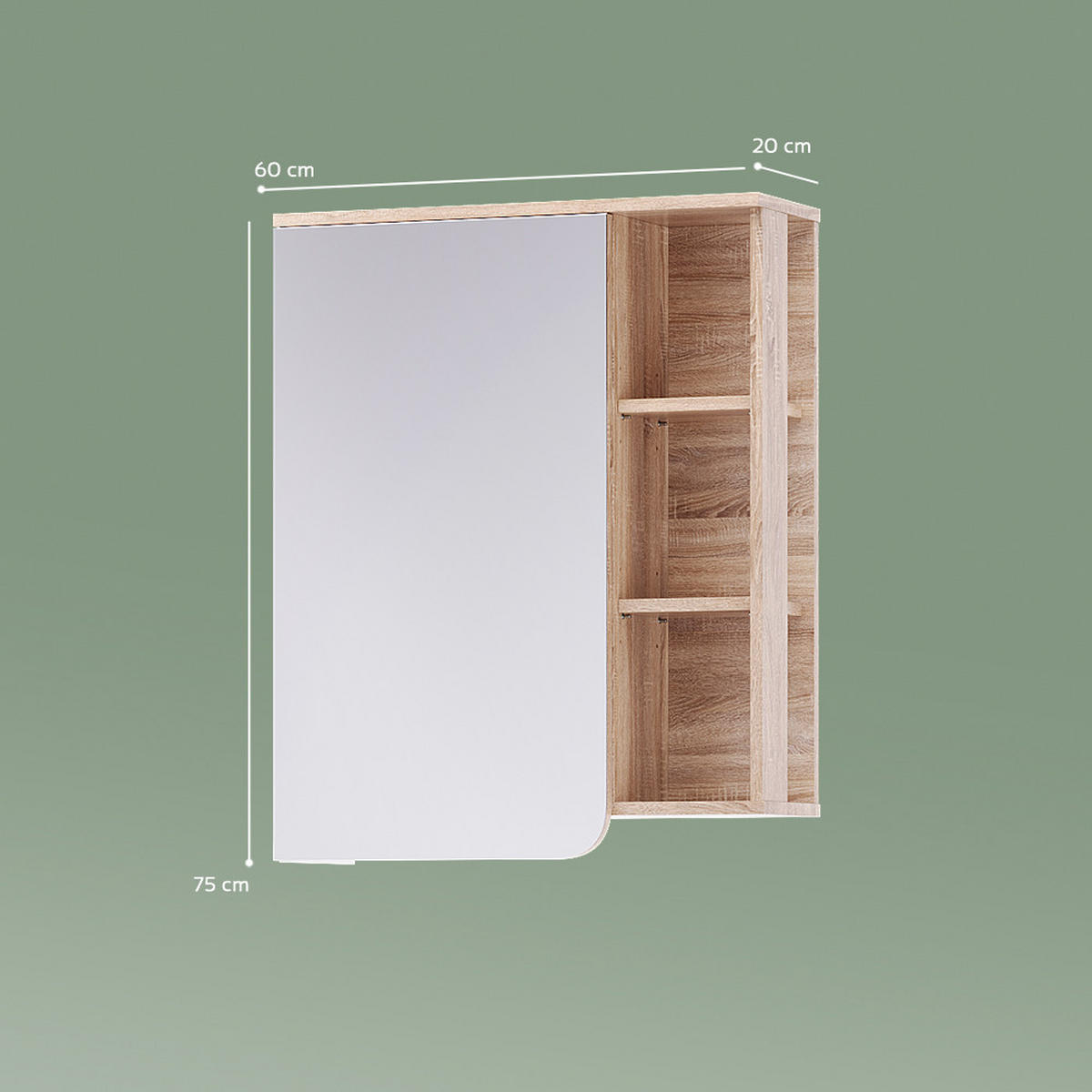 ZRCALNA OMARICA Marano, Sonoma/Bela, 60 x 75 cm z 2 predaloma - bela/hrast sonoma, leseni material (60/75/20cm) - Livinity®