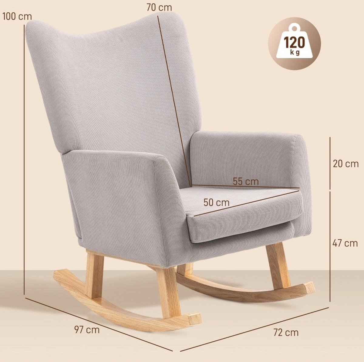 HOUPACÍ křeslo 97/72/100 cm s vysokým opěradlem a manšestrovým potahem, Světle šedá - světle modrá, dřevo (72/100/97cm) - Redom