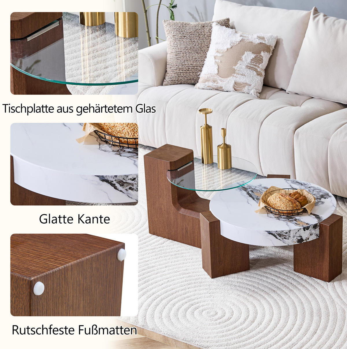 COUCHTISCH rund 61/44 cm in Nussbaumoptik/Weiß aus MDF und Sicherheitsglas mit Stauraum - Nussbaumfarben, Holzwerkstoff (61/61/30cm) - OKMYHOME