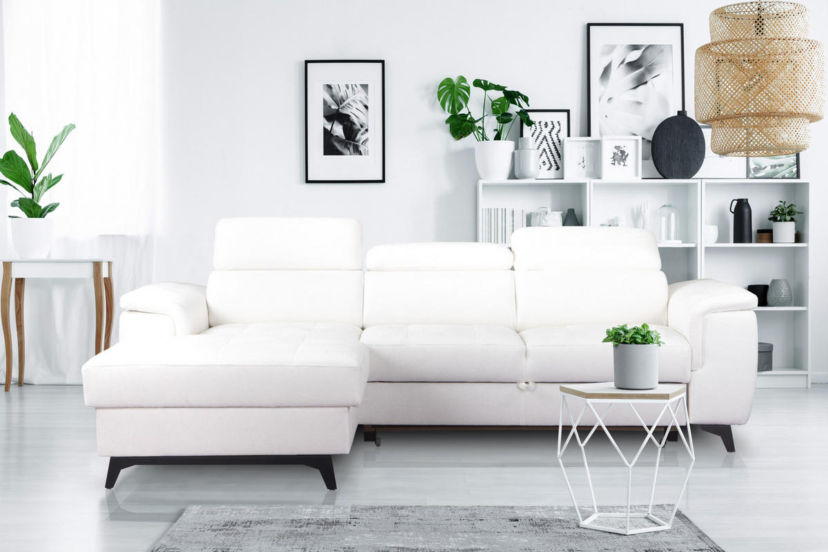 ECKSOFA VOLA Weiß Velours-Stoff mit Schlaffunktion - Weiß, Holz (270/175cm) - MASSENO