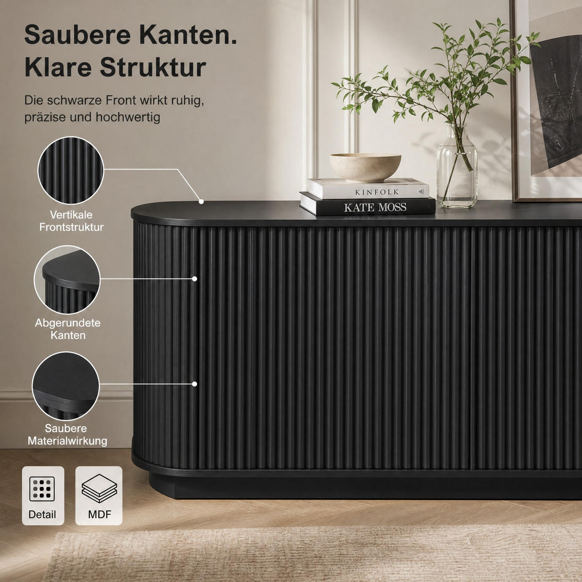 SIDEBOARD 162.5/38/61 cm Schwarz aus MDF mit Wellenmuster - Schwarz, Metall (38/61/162.5cm) - OKMYHOME