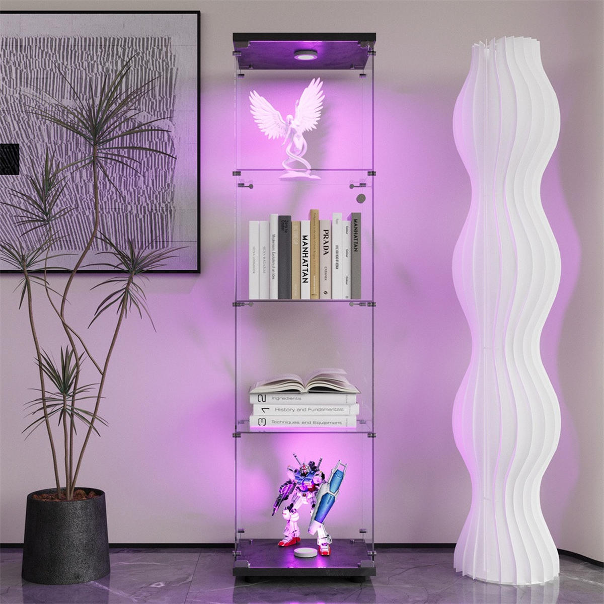 VITRINE mit LED Beleuchtung - Glaskvitrine mit 4 Ebenen und 1 Glastür - für Wohnzimmer und Büro - Schwarz - Schwarz, Glas (42.5/163.5/36.5cm) - DELFA