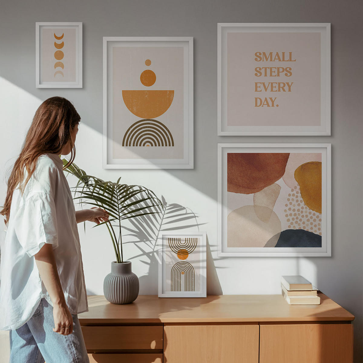 WANDBILDER 5er-Set - 50x50 cm & 20x30 cm & 40x60 cm Weißer Rahmen - Boho-minimalistische Dekorationen - Weiß, Kunststoff (40/60cm) - ArtPrintCave
