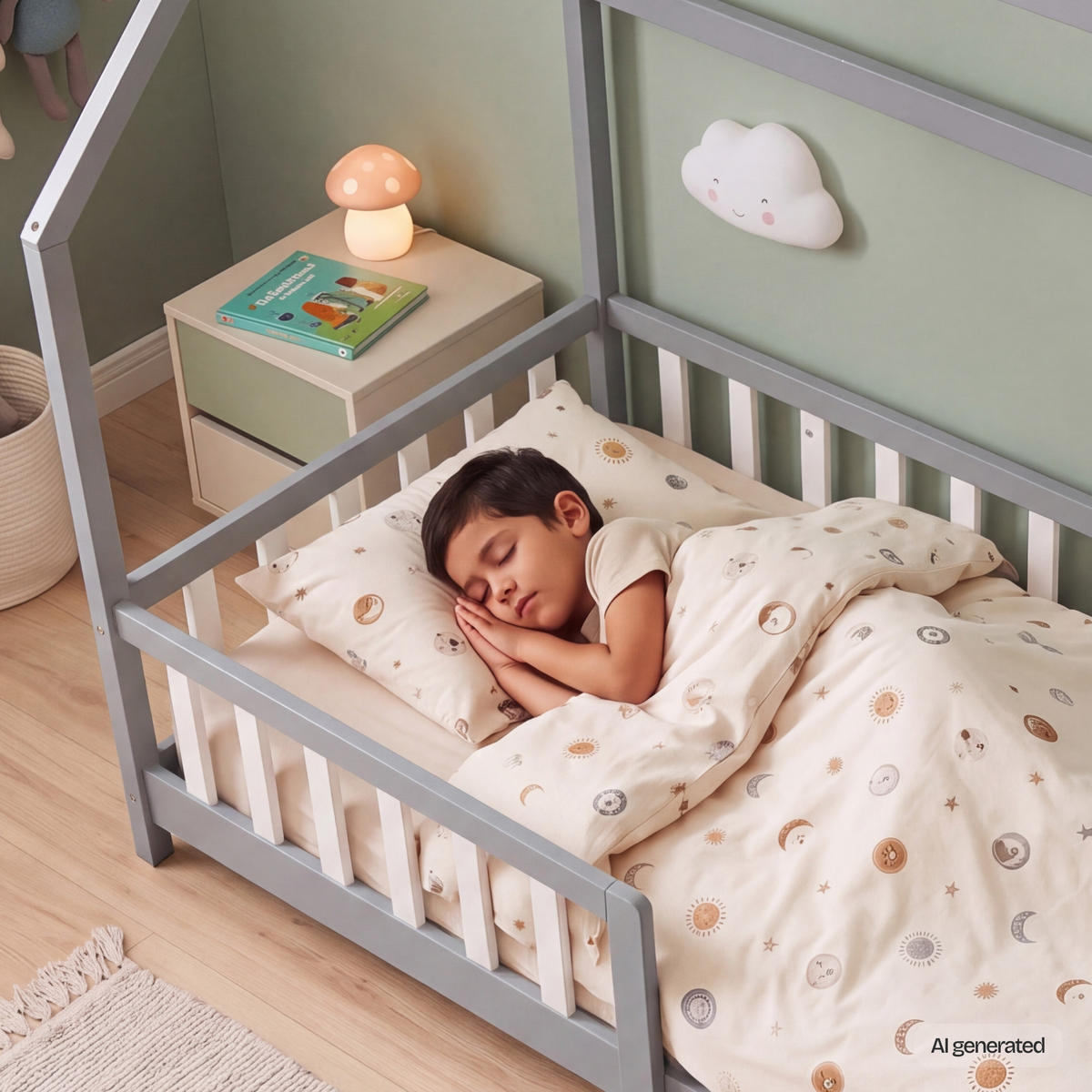 HAUSBETT Hesel mit Matratze - Grau, Holz/Textil (90/200cm) - [en.casa]