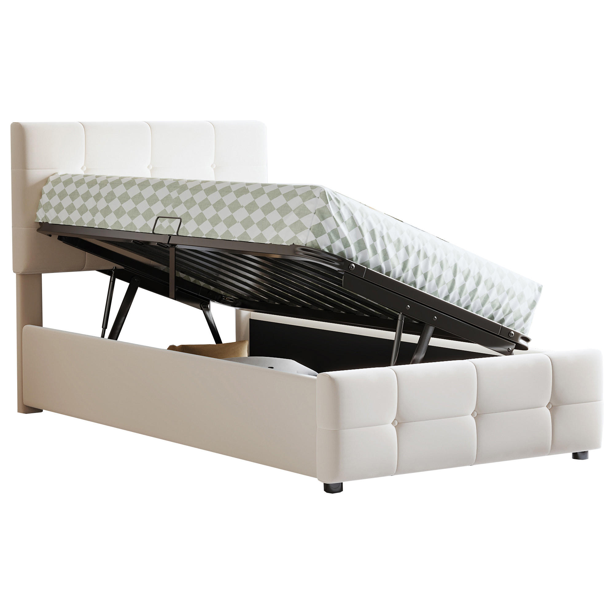 OKWISH DĚTSKÁ polstrovaná postel 90/200 cm béžová z MDF, kovu a sametu se zvedacím úložným prostorem