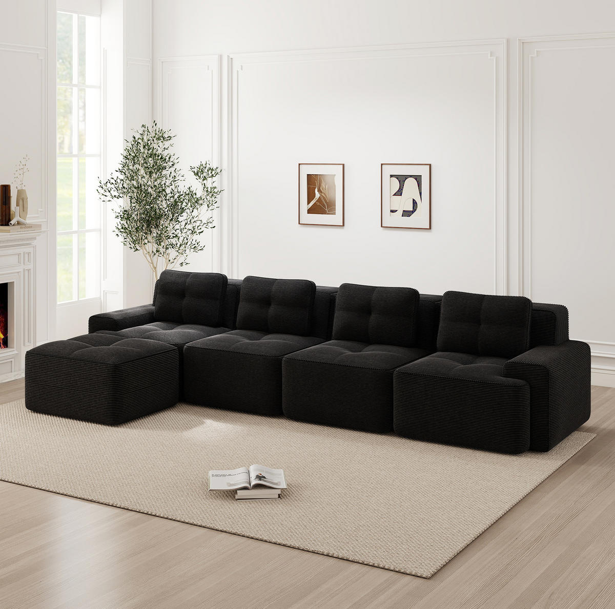 SOFA modular 4-Sitzer mit Tiefsitz Cord Schwarz - Schwarz, Kunststoff (177/382.1cm) - Meubliv