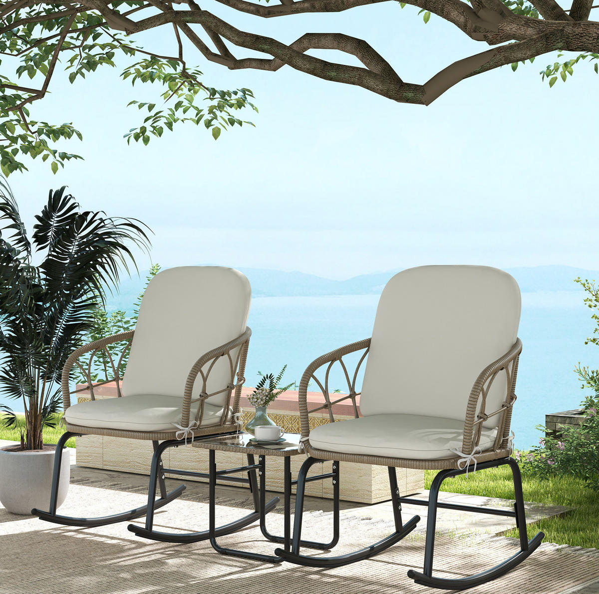 3-TEILIGES Schaukelstuhl-Set mit Tisch Rattan & Glasplatte - Beige, Metall - Modfu