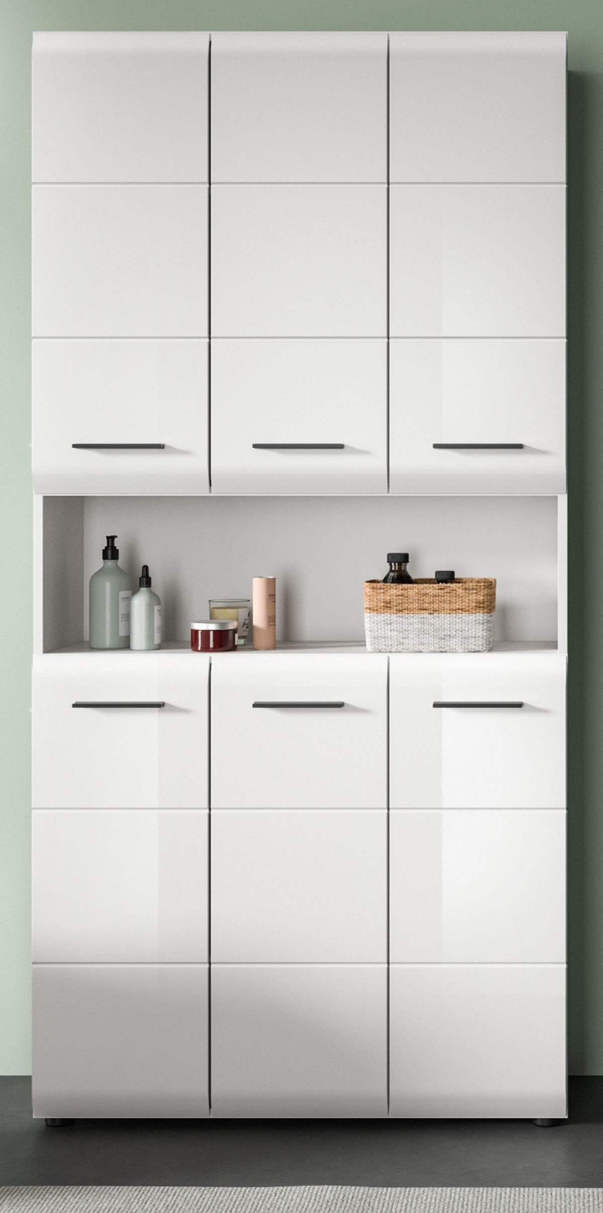 HOCHSCHRANK weiß Hochglanz, Mehrzweckschrank 90 cm mit 13 Fächern - Weiß Hochglanz/Silberfarben, Holzwerkstoff/Kunststoff (90/185/30cm) - Inn.Furn