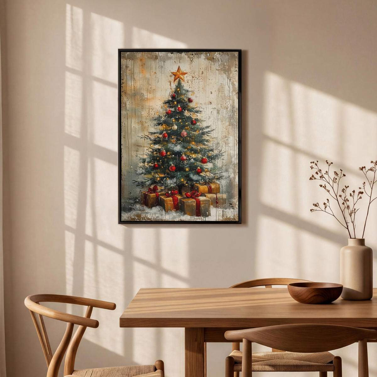 LEINWAND Bilder mit Rahmen - Weihnachtsbaum - Vintage - Weihnachten - Geschenk - 60x90 - Rostfarben, Textil (60/90cm) - MuchoWow