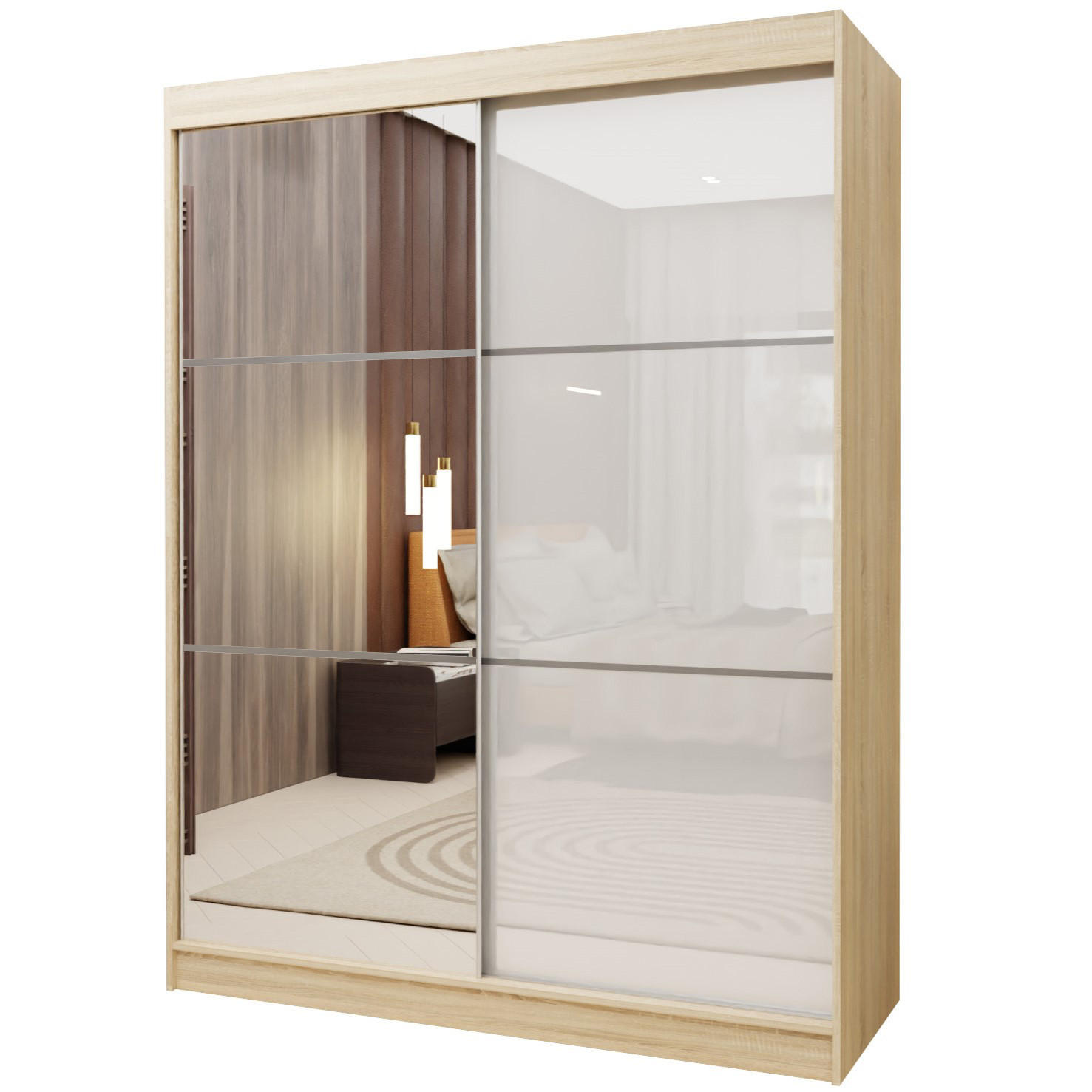 SCHWEBETÜRENSCHRANK VITALE 150/216/61 cm 2-türig mit Spiegel Sonoma Eiche - Weiß/Sonoma Eiche, Holzwerkstoff (150/216/61cm) - MASSENO