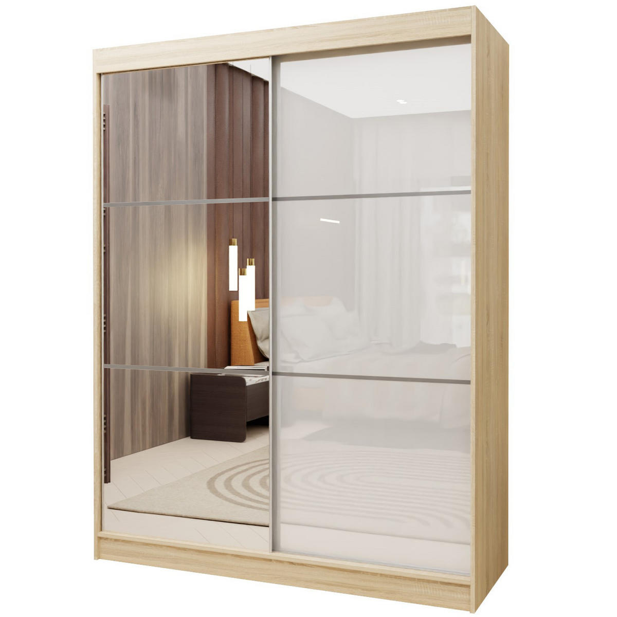 SCHWEBETÜRENSCHRANK VITALE 150/216/61 cm 2-türig mit Spiegel Sonoma Eiche - Weiß/Sonoma Eiche, Holzwerkstoff (150/216/61cm) - MASSENO